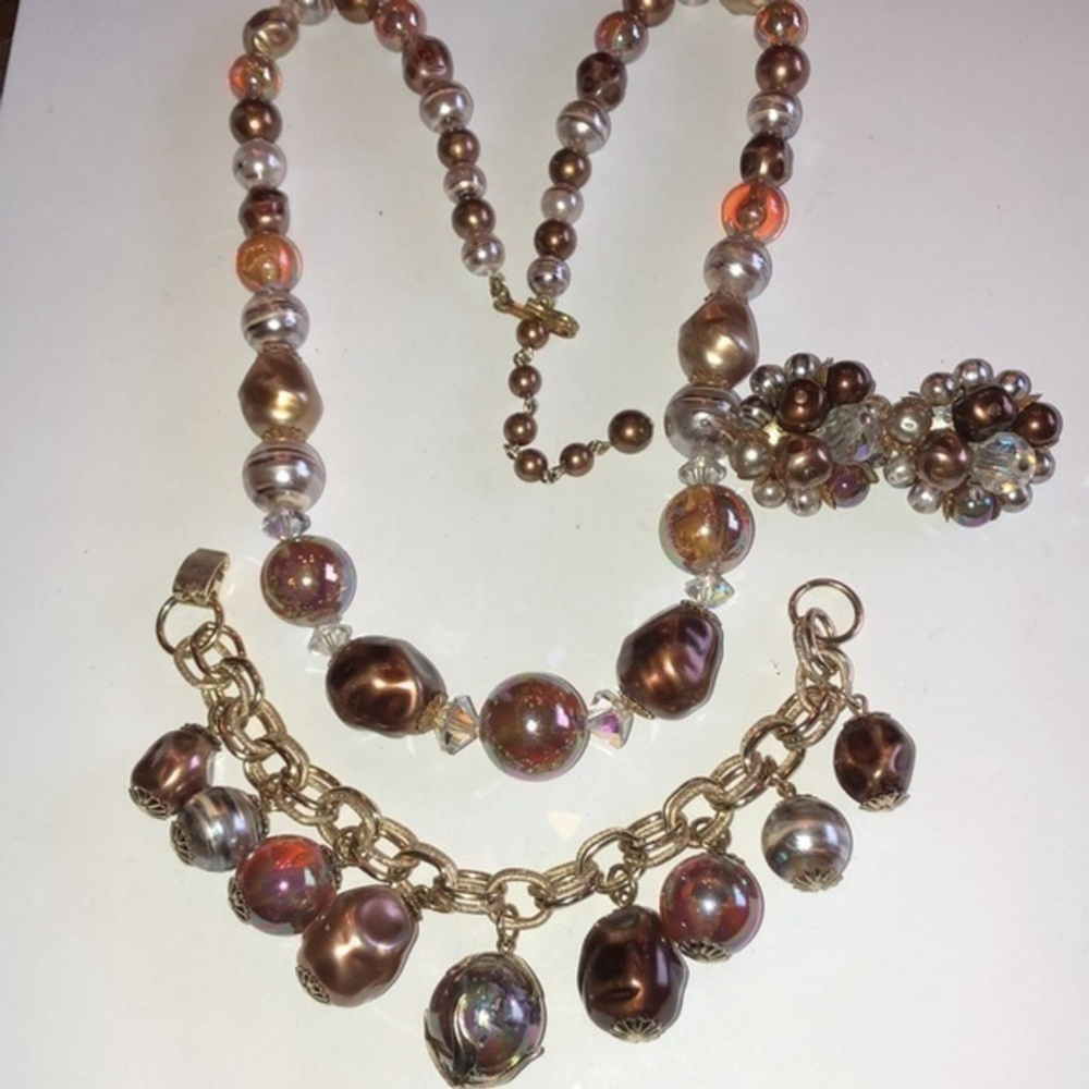 Vintage Antique Brown & Off White Faux Pearl Necklace Bracelet & Earrings Set
